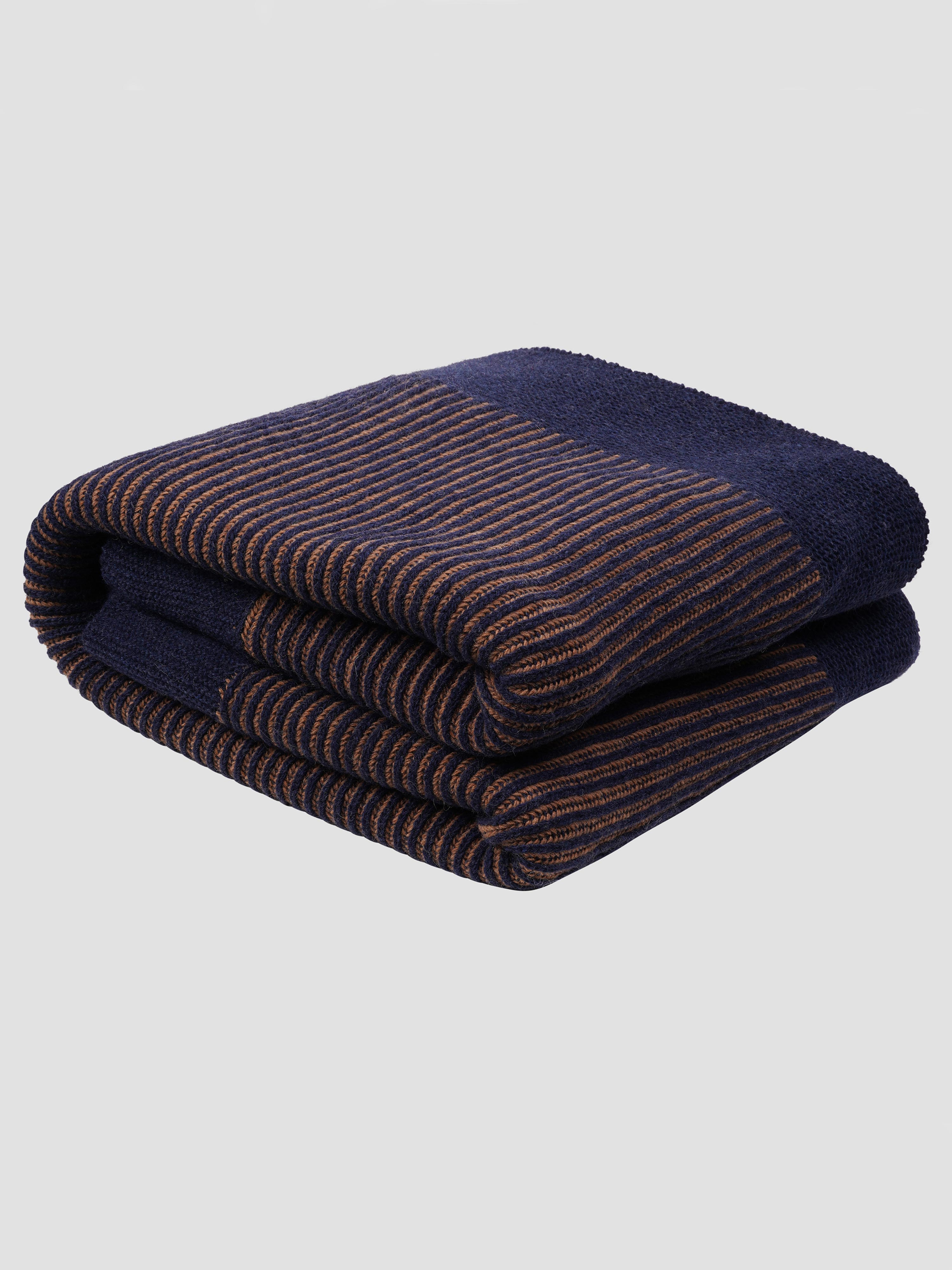 Navy & Caramel Striped Knit Throw Blanket