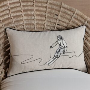 Skier Linen Embroidered Throw Pillow